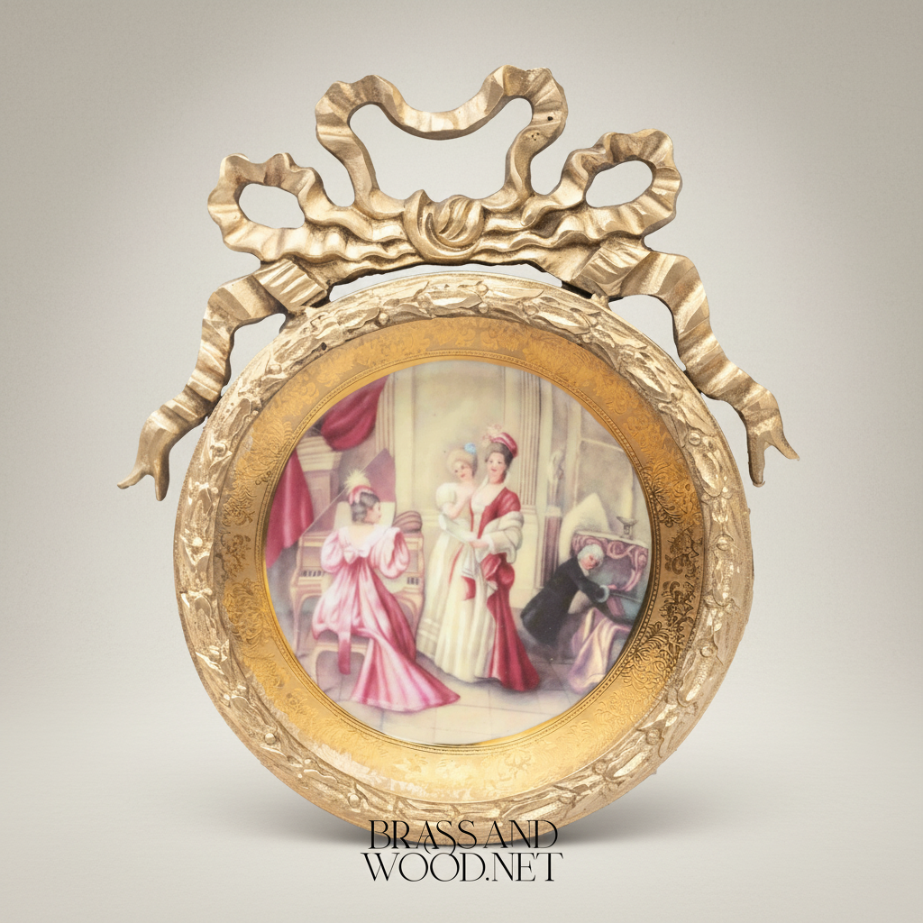 Neoclassical Bow-Crowned Circular Brass Frame with Hand-Painted Salon Scene Porcelain Plate