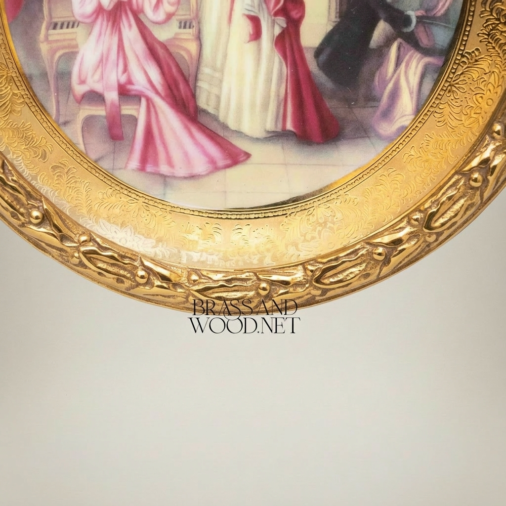 Neoclassical Bow-Crowned Circular Brass Frame with Hand-Painted Salon Scene Porcelain Plate — Gold