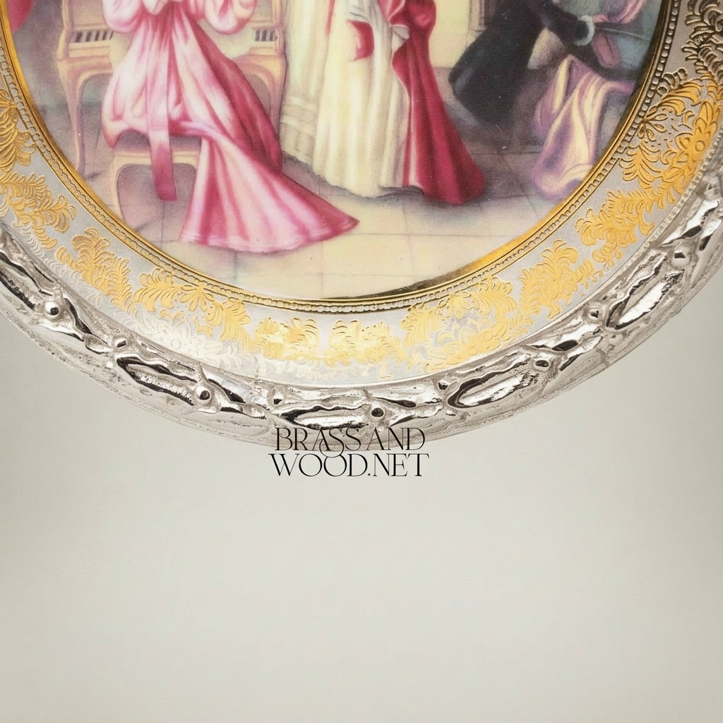 Neoclassical Bow-Crowned Circular Brass Frame with Hand-Painted Salon Scene Porcelain Plate — Silver