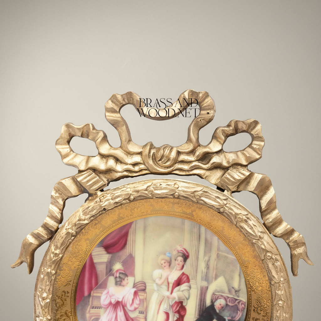 Neoclassical Bow-Crowned Circular Brass Frame with Hand-Painted Salon Scene Porcelain Plate