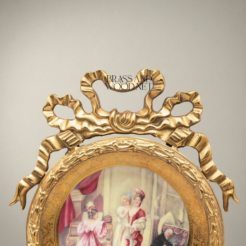 Neoclassical Bow-Crowned Circular Brass Frame with Hand-Painted Salon Scene Porcelain Plate — Gold