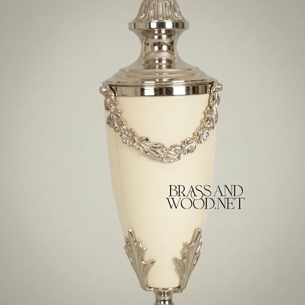 Neoclassical Brass & Alabaster Table Lamp - Floral Garland Urn Base — Silver