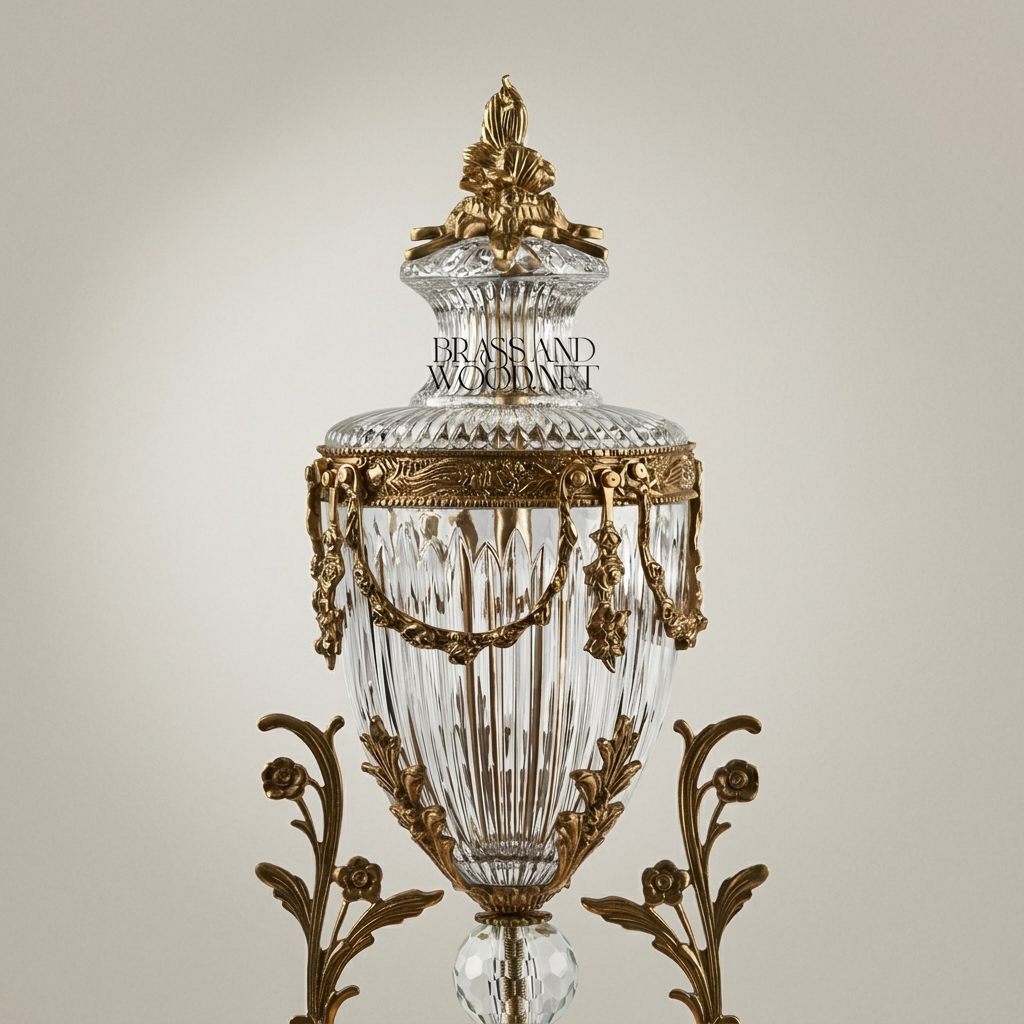 Neoclassical Brass & Crystal Covered Urn Vase with Swag Drapery Mounts — Antique Gold