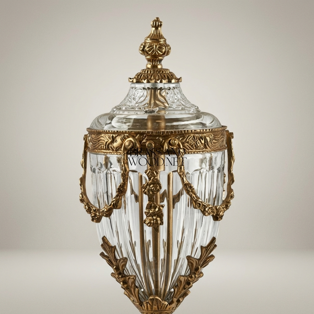 Neoclassical Brass & Crystal Covered Urn Vase with Swag Drapery Mounts — Antique Gold