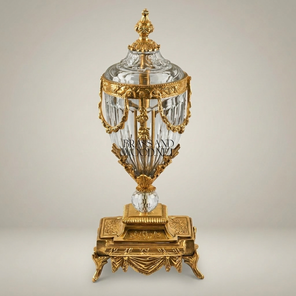 Neoclassical Brass & Crystal Covered Urn Vase with Swag Drapery Mounts — Gold