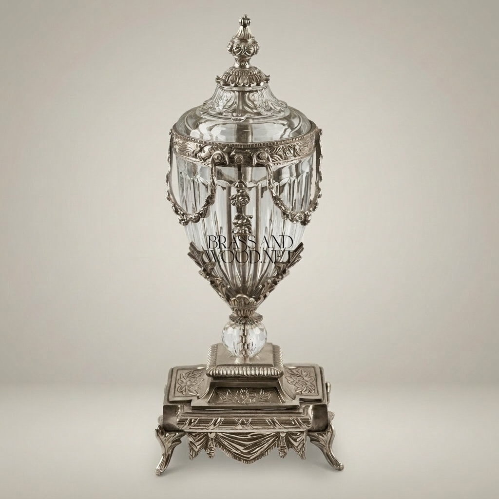 Neoclassical Brass & Crystal Covered Urn Vase with Swag Drapery Mounts — Silver