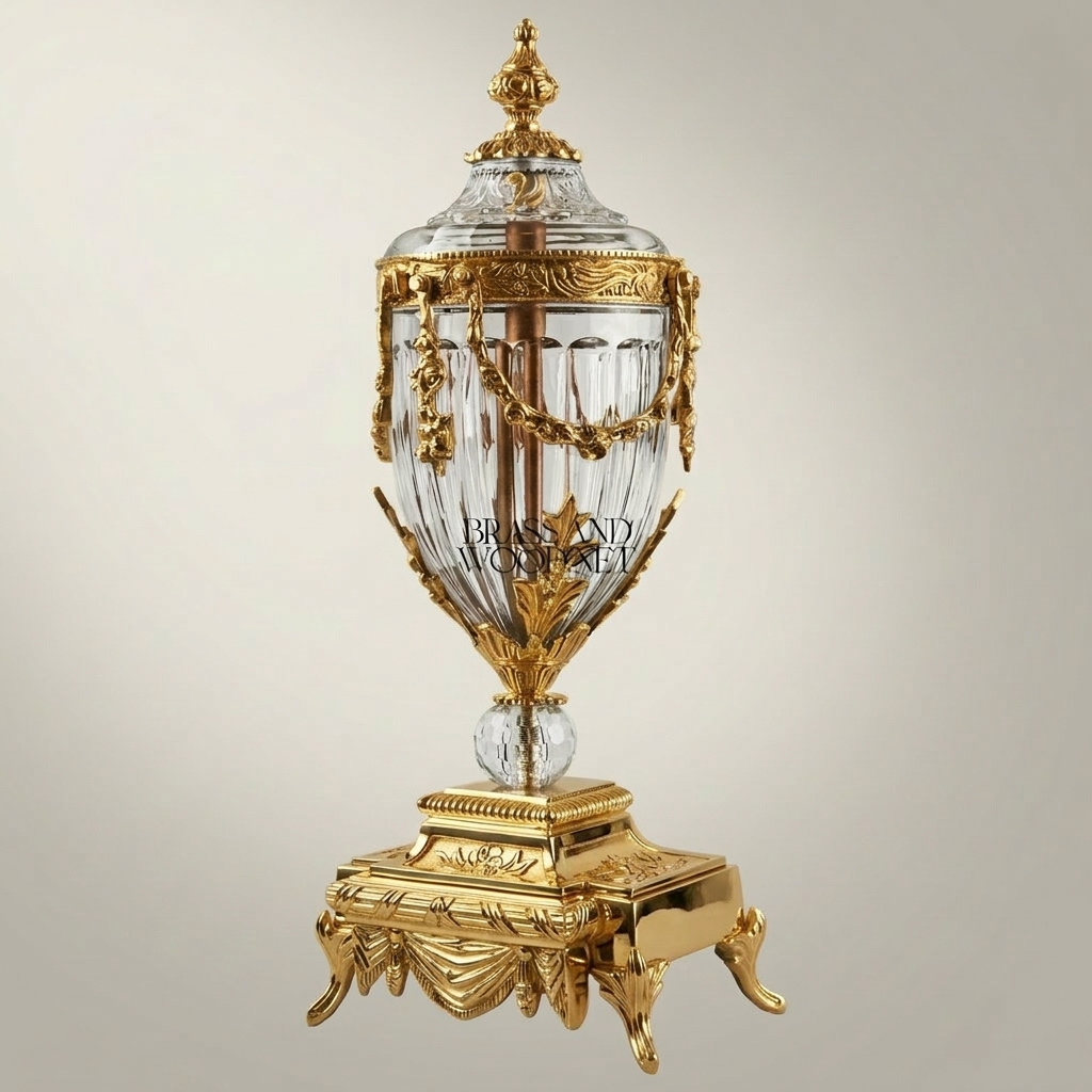 Neoclassical Brass & Crystal Covered Urn Vase with Swag Drapery Mounts — Gold
