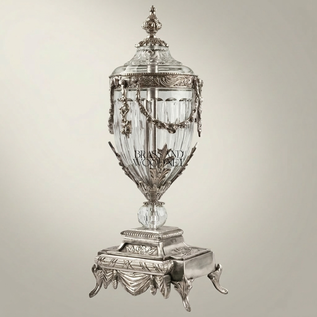Neoclassical Brass & Crystal Covered Urn Vase with Swag Drapery Mounts — Silver
