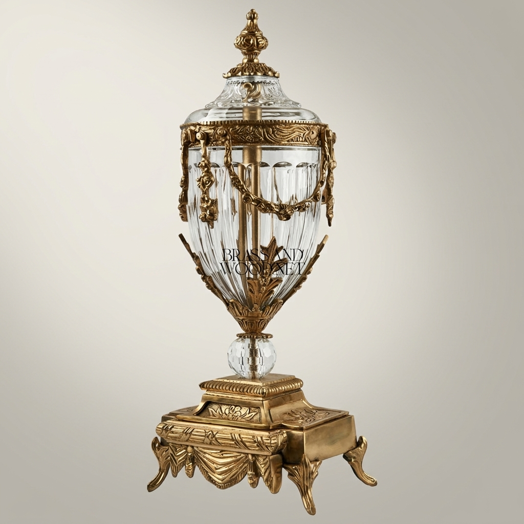 Neoclassical Brass & Crystal Covered Urn Vase with Swag Drapery Mounts — Antique Gold