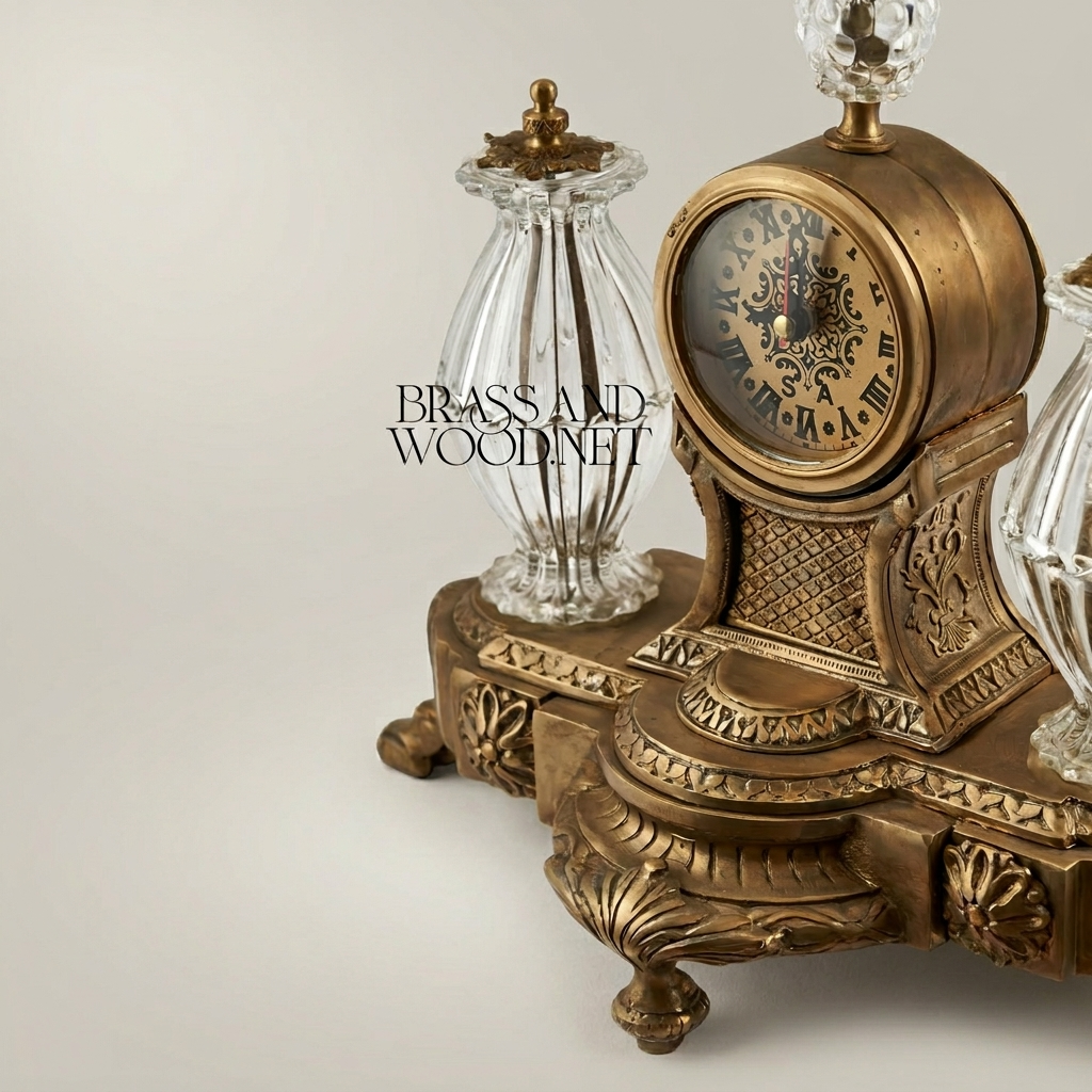 Neoclassical Brass & Crystal Desk Clock Set with Flanking Crystal Urns and Acanthus Base — Antique Gold