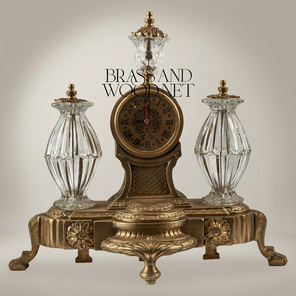 Neoclassical Brass & Crystal Desk Clock Set with Flanking Crystal Urns and Acanthus Base — Antique Gold