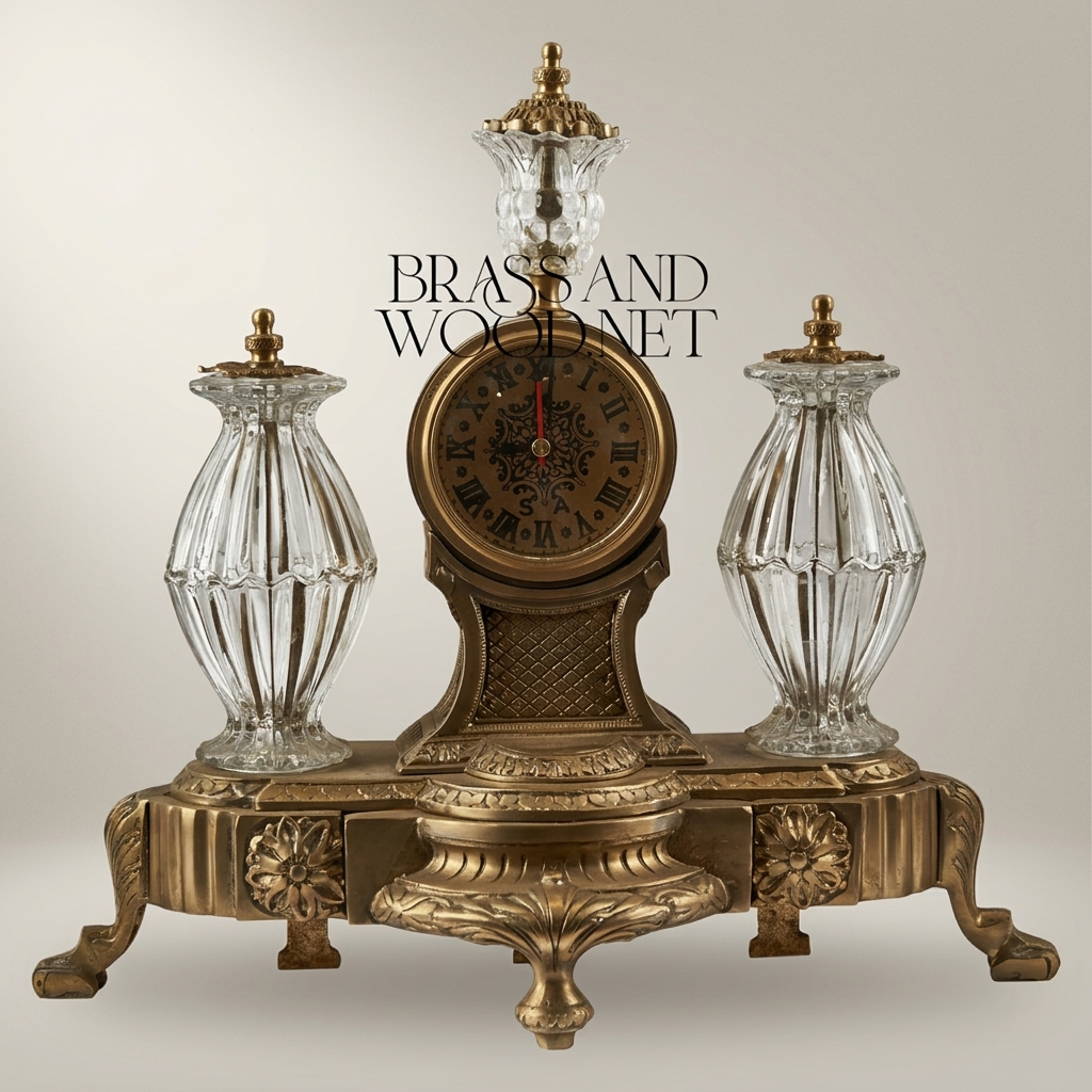 Neoclassical Brass & Crystal Desk Clock Set with Flanking Crystal Urns and Acanthus Base — Antique Gold