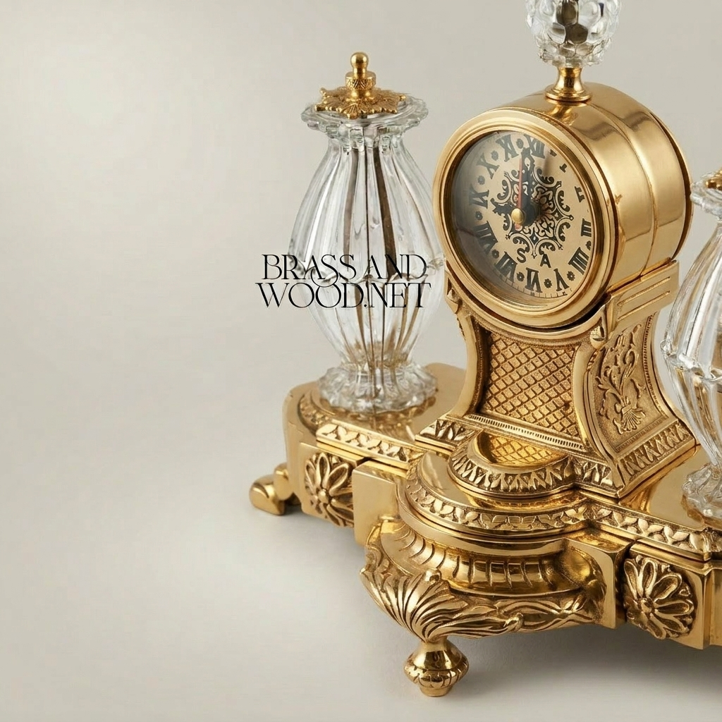 Neoclassical Brass & Crystal Desk Clock Set with Flanking Crystal Urns and Acanthus Base — Gold