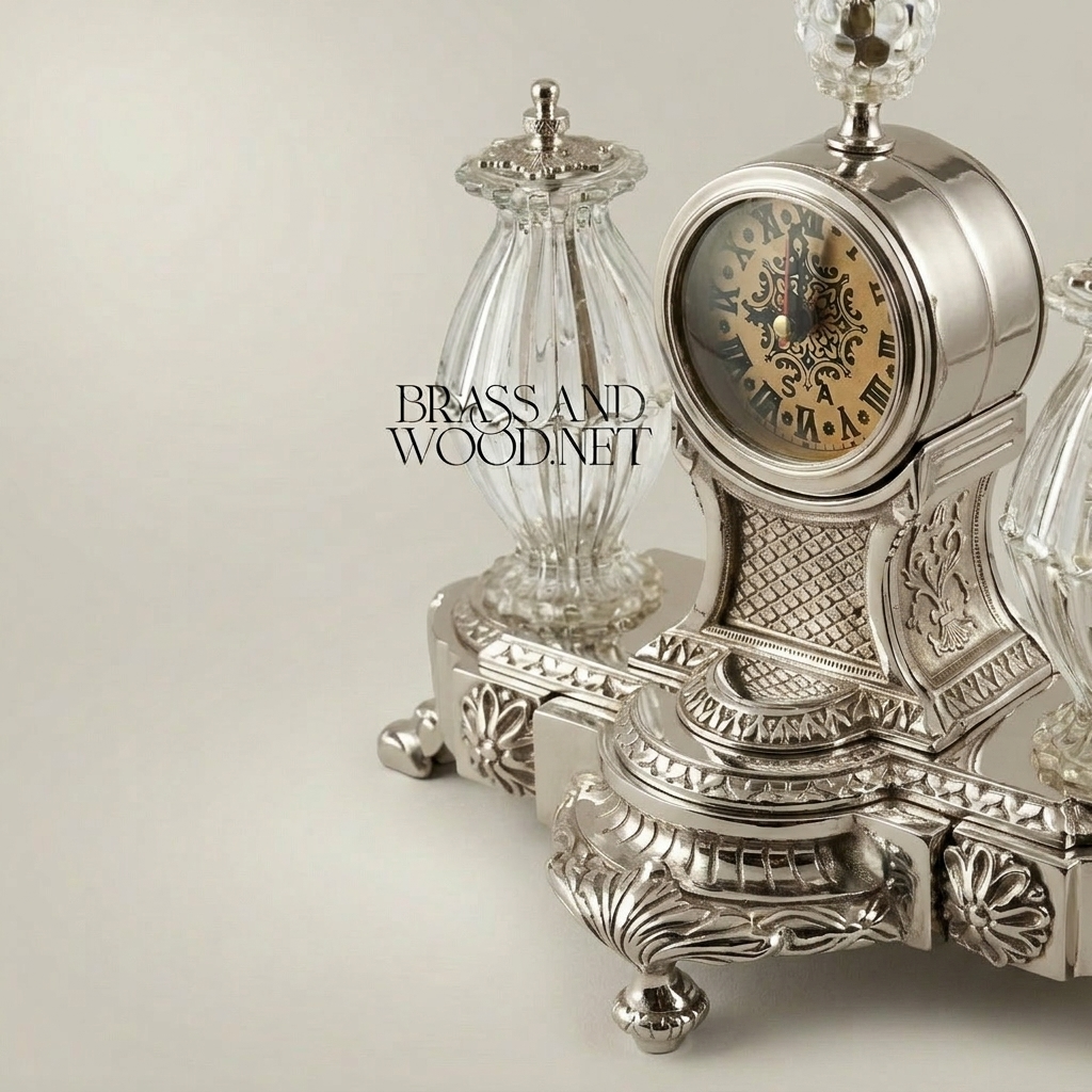 Neoclassical Brass & Crystal Desk Clock Set with Flanking Crystal Urns and Acanthus Base — Silver