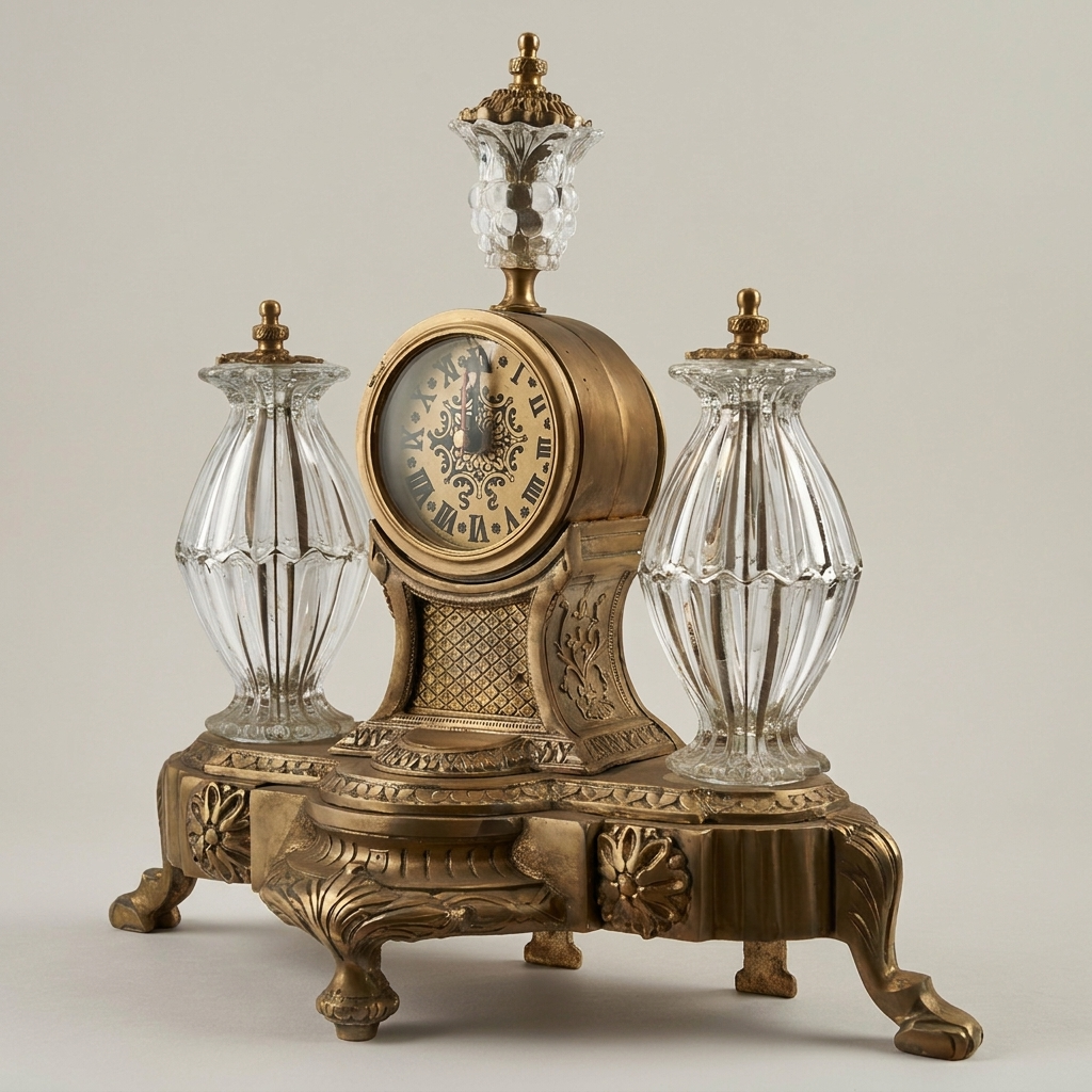 Neoclassical Brass & Crystal Desk Clock Set with Flanking Crystal Urns and Acanthus Base — Antique Gold