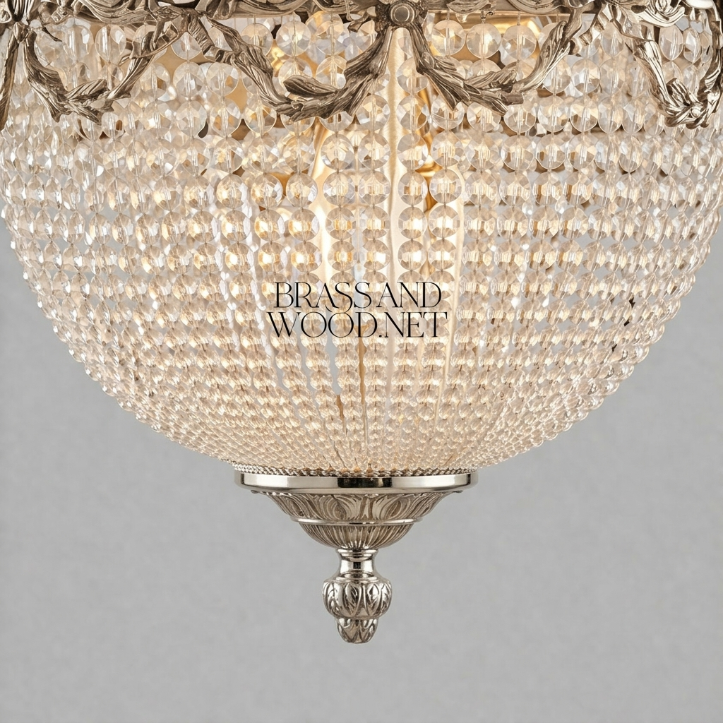Neoclassical Brass & Crystal Empire Basket Chandelier - Crown Acanthus Crown — Silver