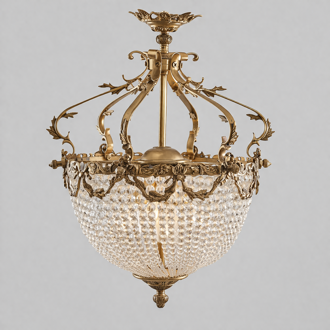 Neoclassical Brass & Crystal Empire Basket Chandelier - Crown Acanthus Crown — Antique Gold