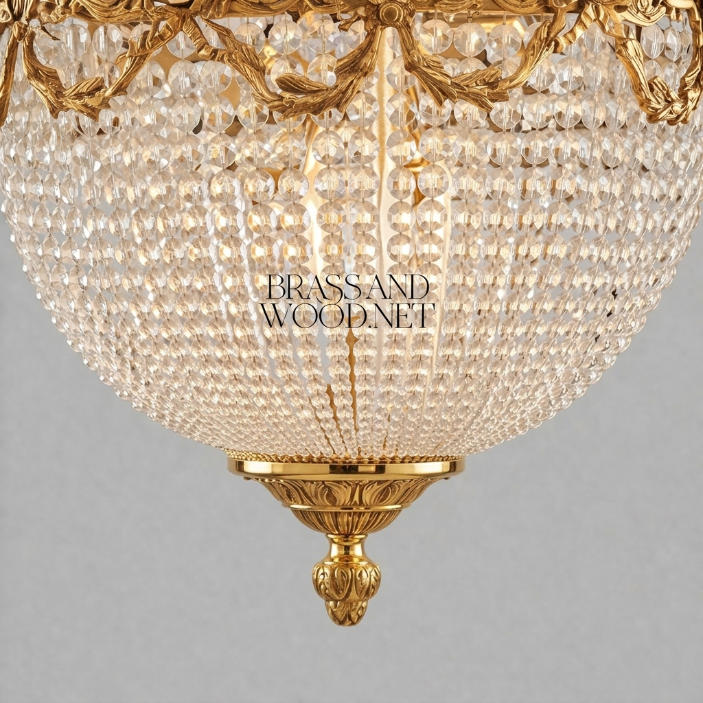 Neoclassical Brass & Crystal Empire Basket Chandelier - Crown Acanthus Crown