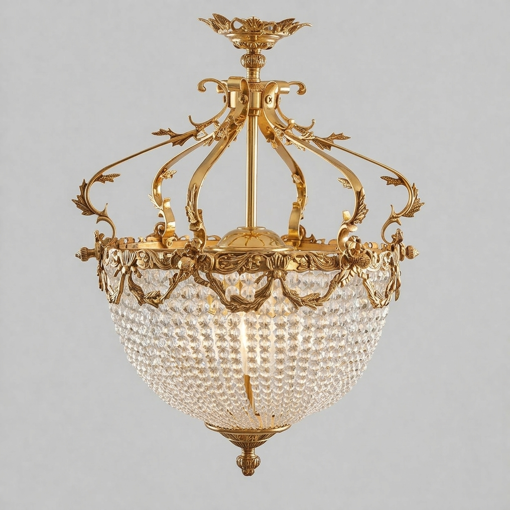 Neoclassical Brass & Crystal Empire Basket Chandelier - Crown Acanthus Crown — Gold
