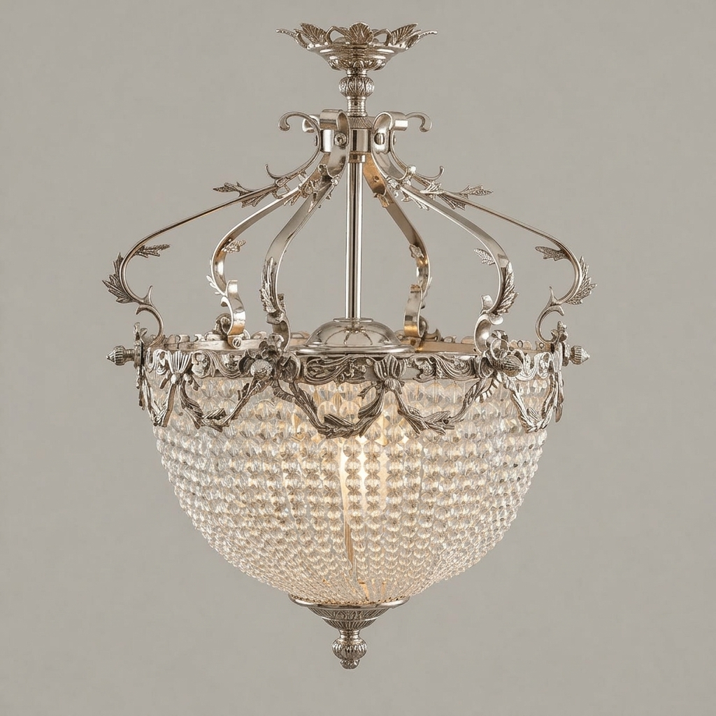 Neoclassical Brass & Crystal Empire Basket Chandelier - Crown Acanthus Crown — Silver