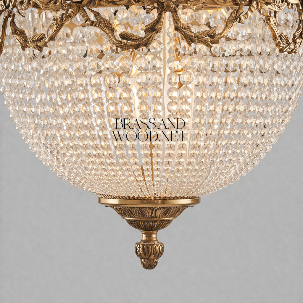 Neoclassical Brass & Crystal Empire Basket Chandelier - Crown Acanthus Crown — Antique Gold