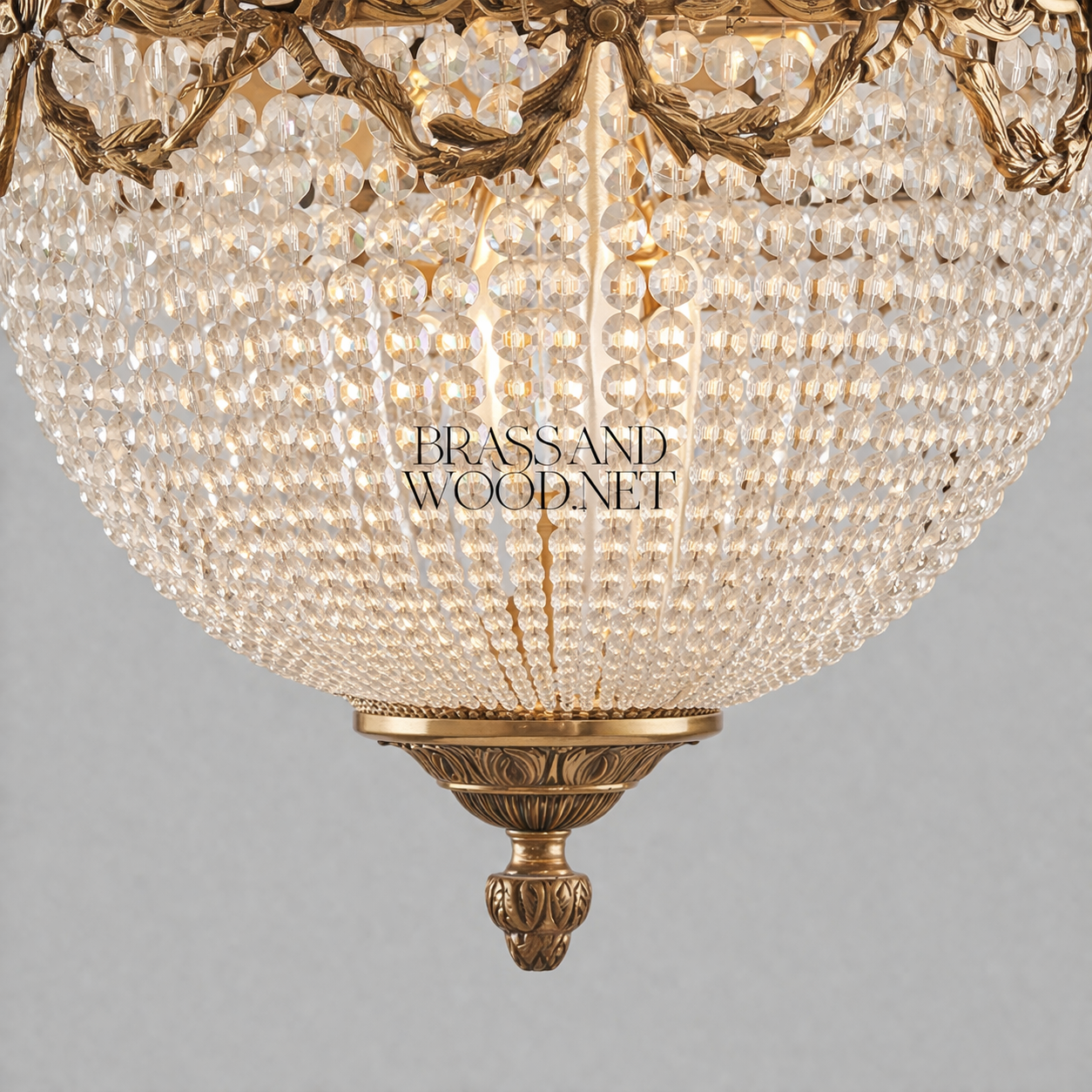 Neoclassical Brass & Crystal Empire Basket Chandelier - Crown Acanthus Crown — Antique Gold