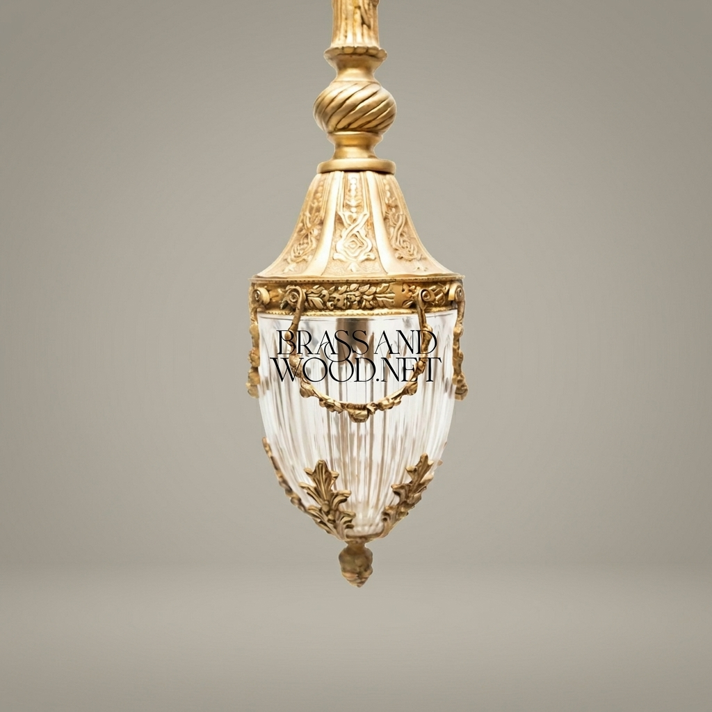 Neoclassical Brass & Crystal Pendant Lantern - Urn-Form with Swag Mounts — Antique Gold