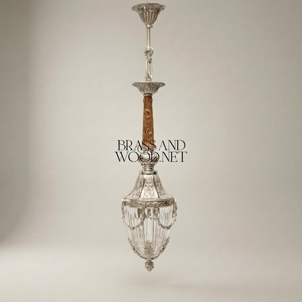 Neoclassical Brass & Crystal Pendant Lantern - Urn-Form with Swag Mounts — Silver