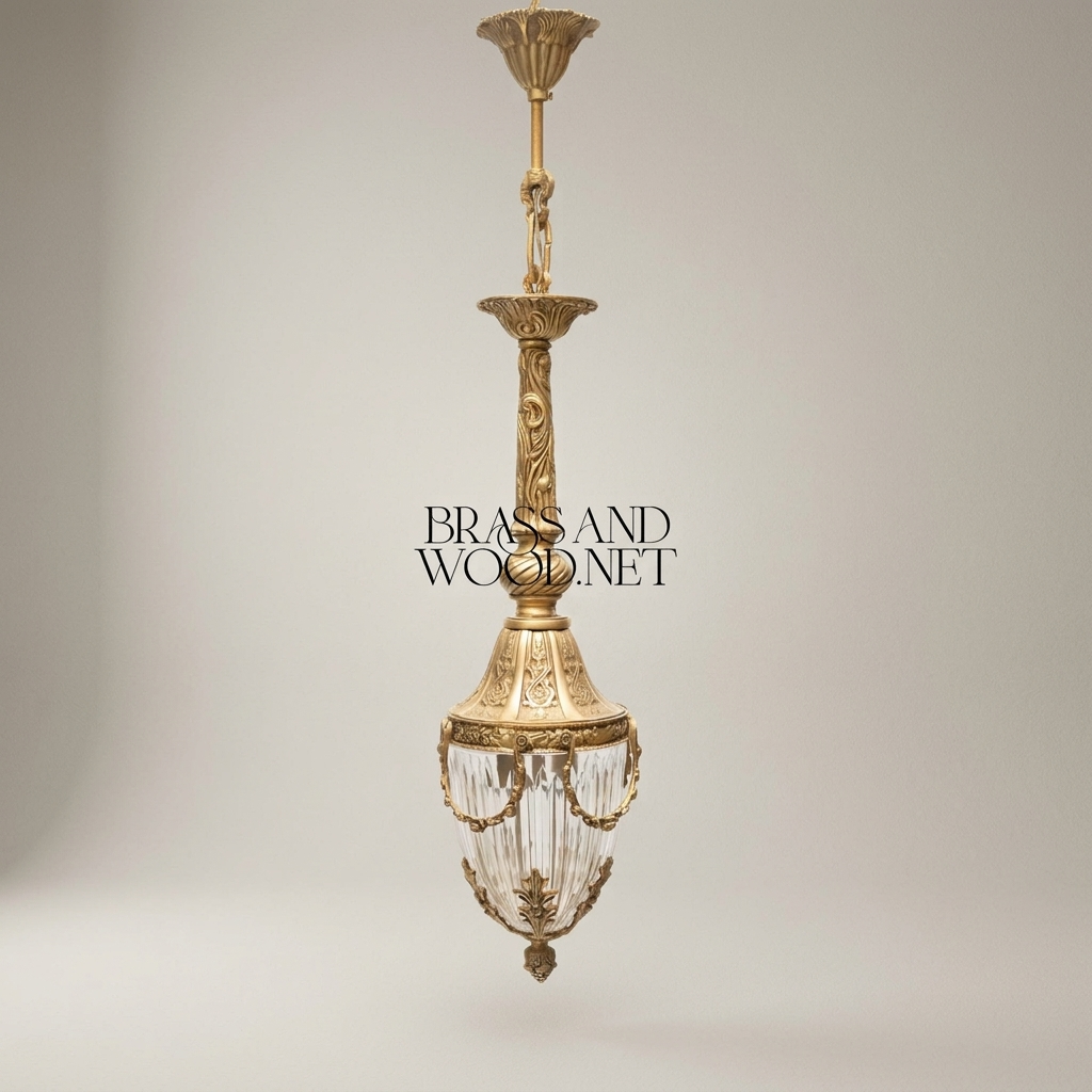 Neoclassical Brass & Crystal Pendant Lantern - Urn-Form with Swag Mounts — Antique Gold