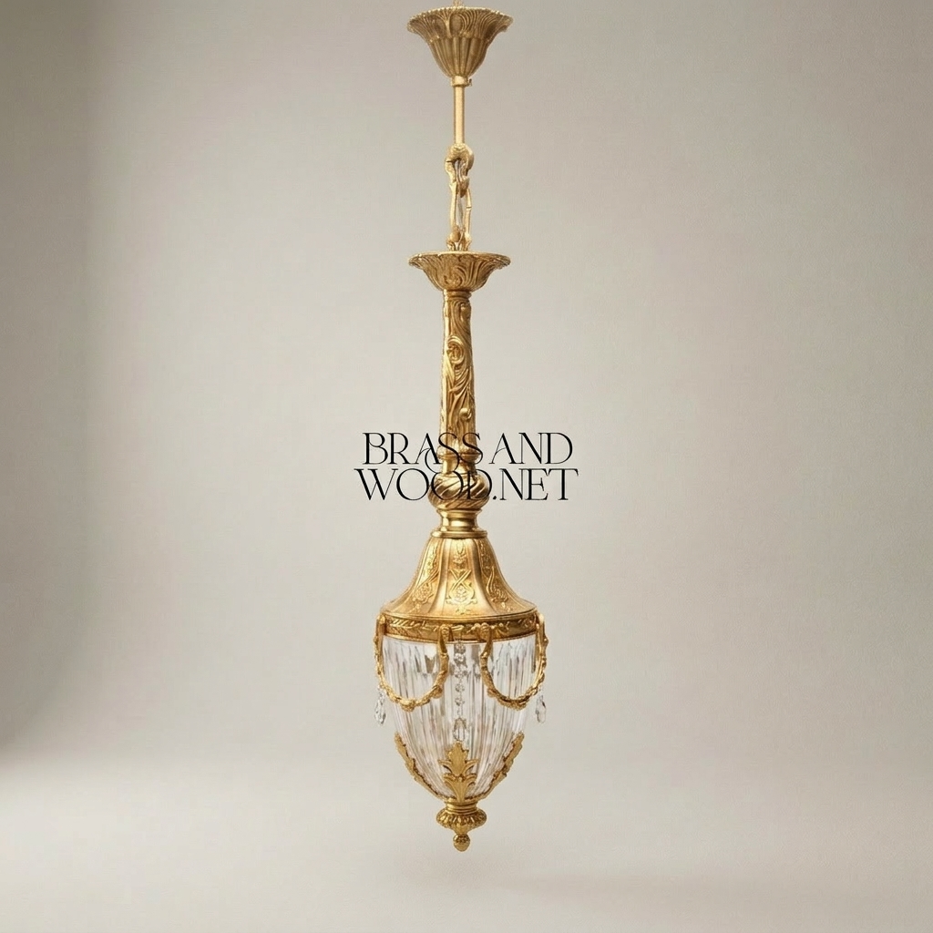 Neoclassical Brass & Crystal Pendant Lantern - Urn-Form with Swag Mounts — Gold