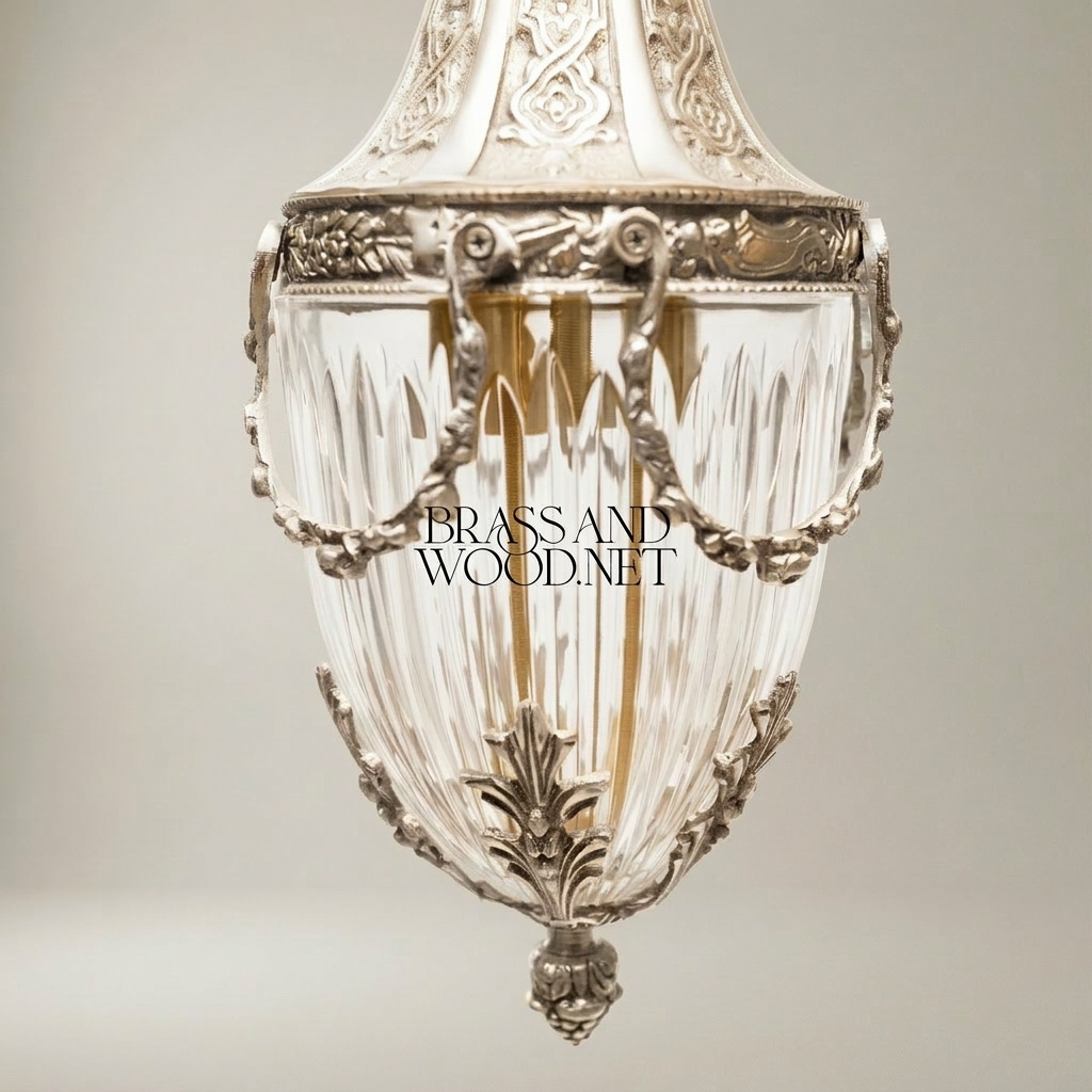 Neoclassical Brass & Crystal Pendant Lantern - Urn-Form with Swag Mounts — Silver