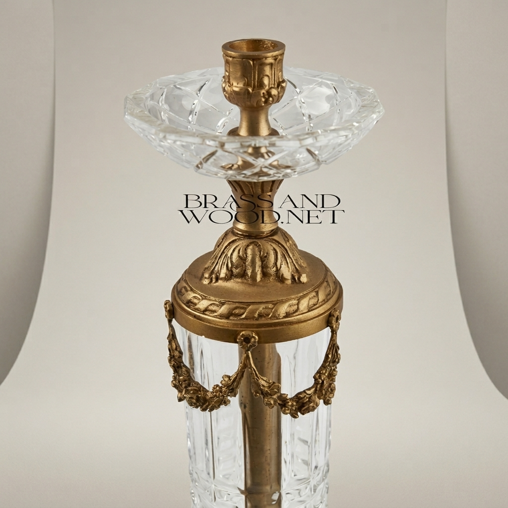 Neoclassical Brass & Crystal Pillar Candlestick with Swag Garland Mounts — Antique Gold