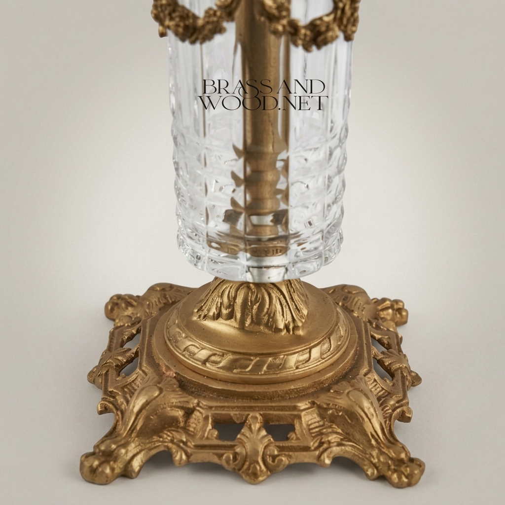Neoclassical Brass & Crystal Pillar Candlestick with Swag Garland Mounts — Antique Gold