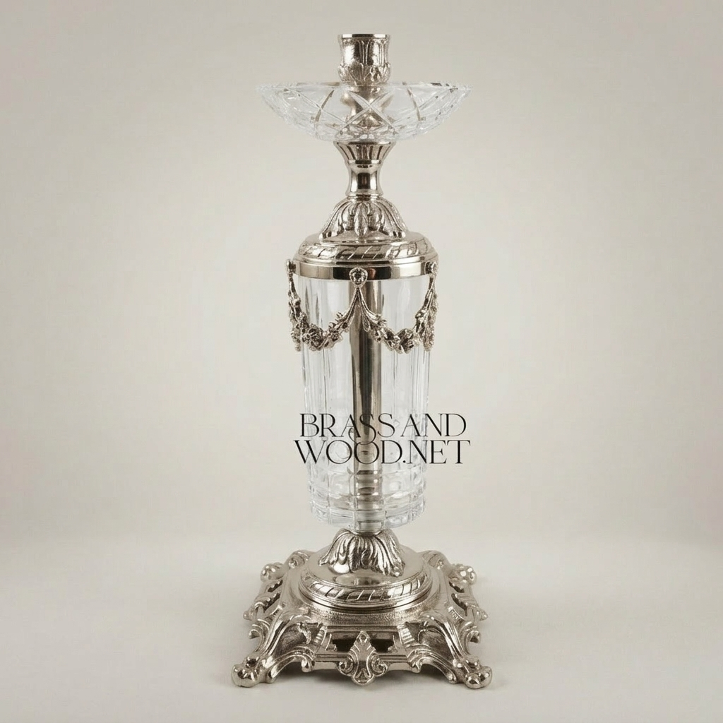 Neoclassical Brass & Crystal Pillar Candlestick with Swag Garland Mounts — Silver