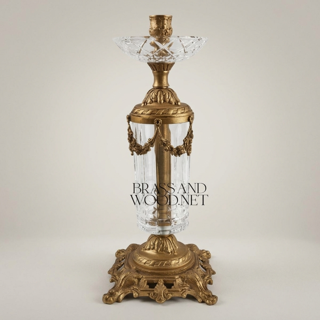 Neoclassical Brass & Crystal Pillar Candlestick with Swag Garland Mounts — Antique Gold