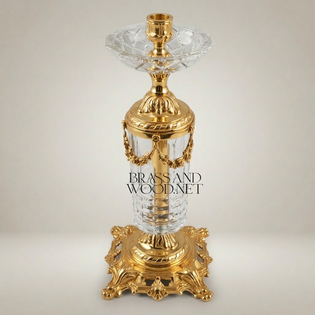 Neoclassical Brass & Crystal Pillar Candlestick with Swag Garland Mounts