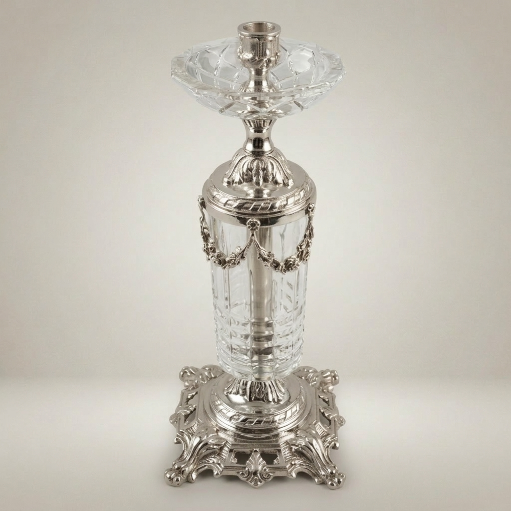 Neoclassical Brass & Crystal Pillar Candlestick with Swag Garland Mounts — Silver