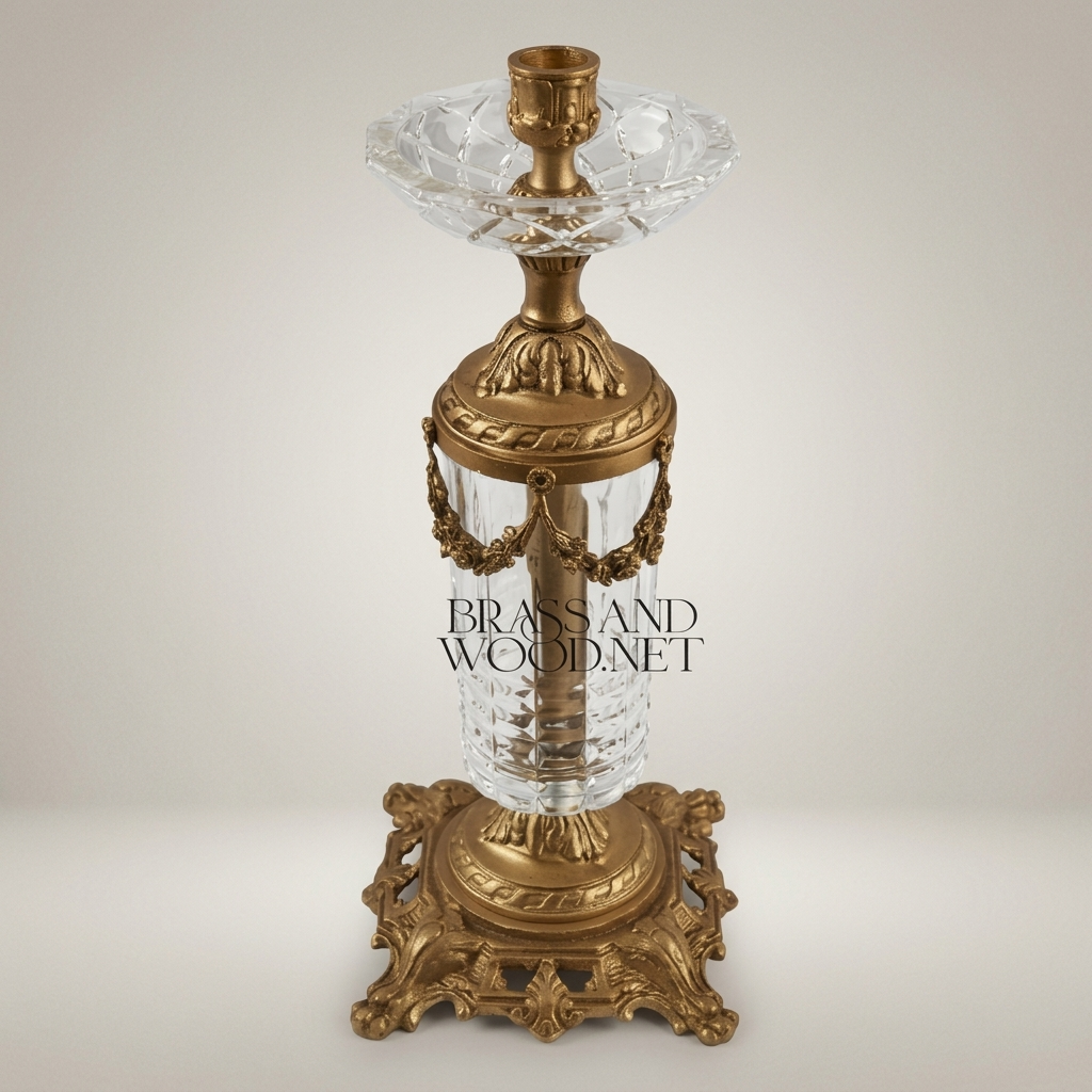 Neoclassical Brass & Crystal Pillar Candlestick with Swag Garland Mounts — Antique Gold