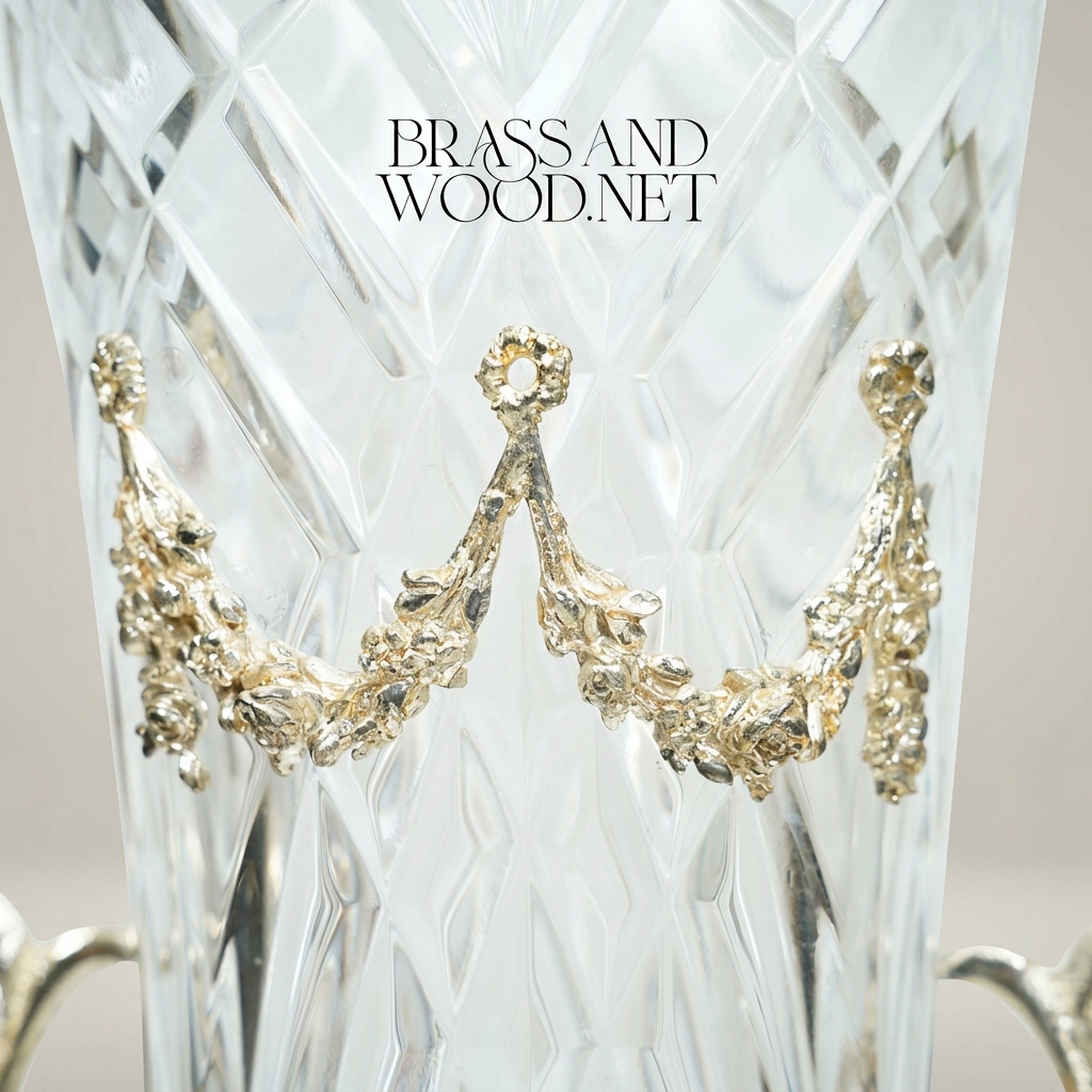 Neoclassical Brass & Crystal Trumpet Vase with Foliate Branch Stand — Silver