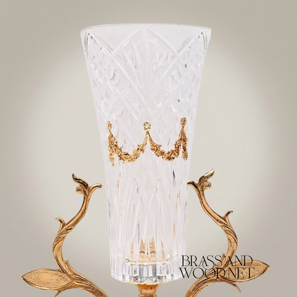 Neoclassical Brass & Crystal Trumpet Vase with Foliate Branch Stand