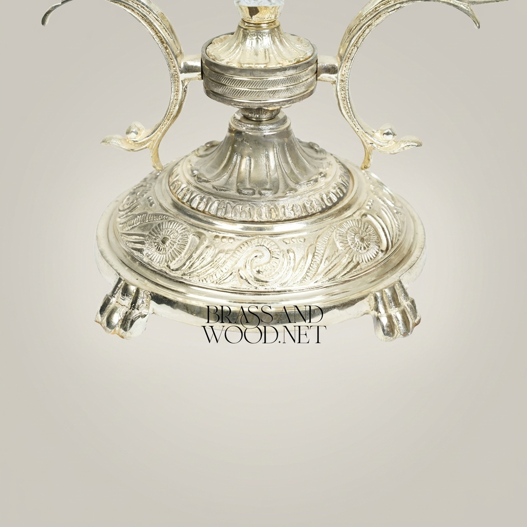 Neoclassical Brass & Crystal Trumpet Vase with Foliate Branch Stand — Silver