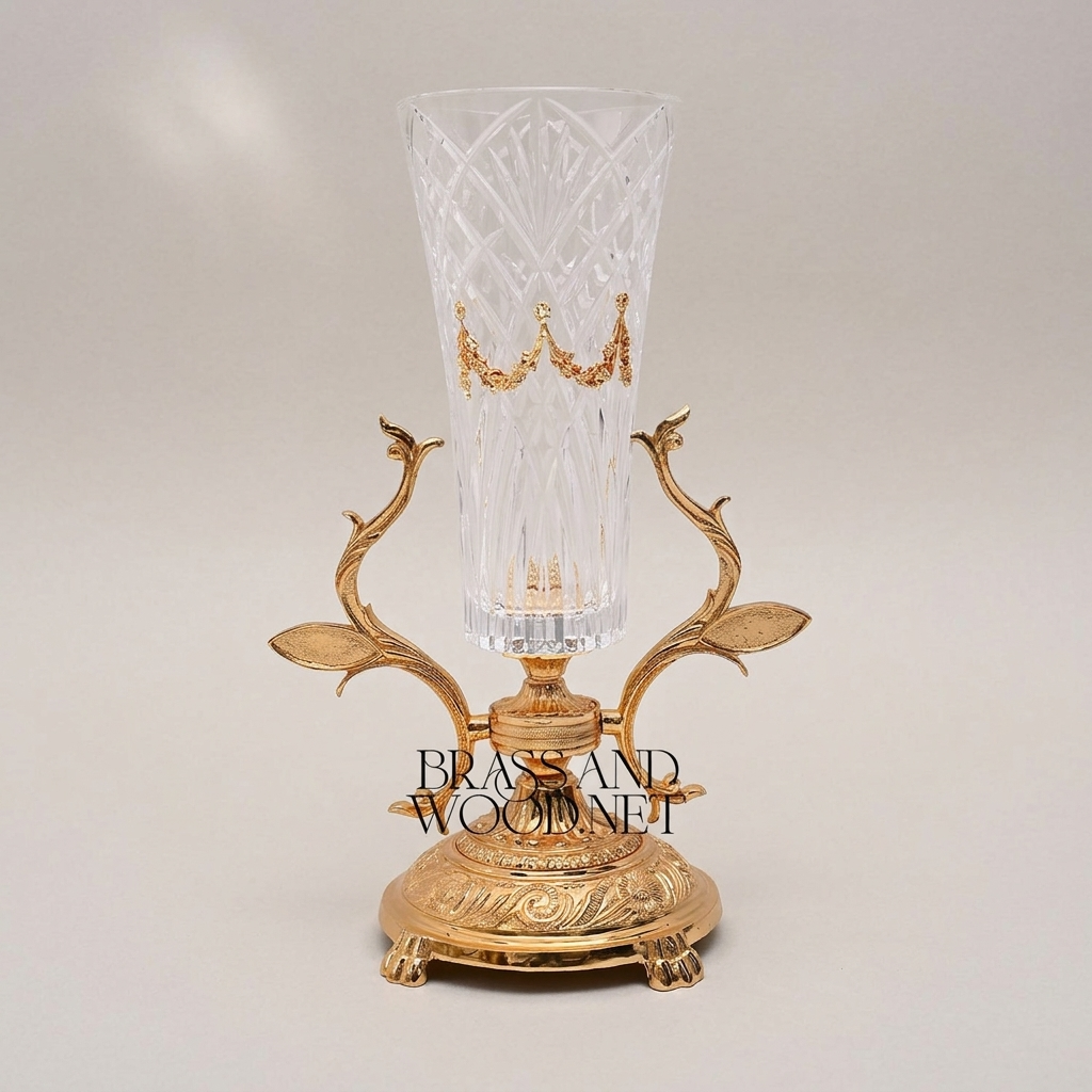Neoclassical Brass & Crystal Trumpet Vase with Foliate Branch Stand