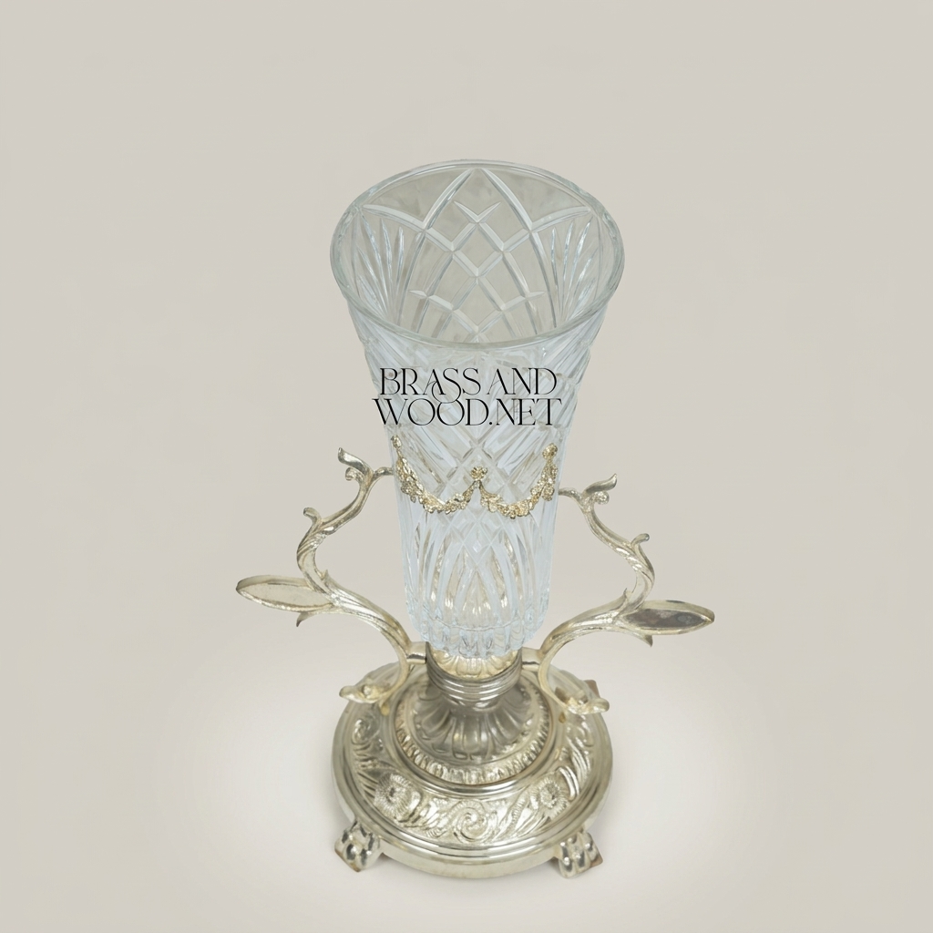 Neoclassical Brass & Crystal Trumpet Vase with Foliate Branch Stand — Silver