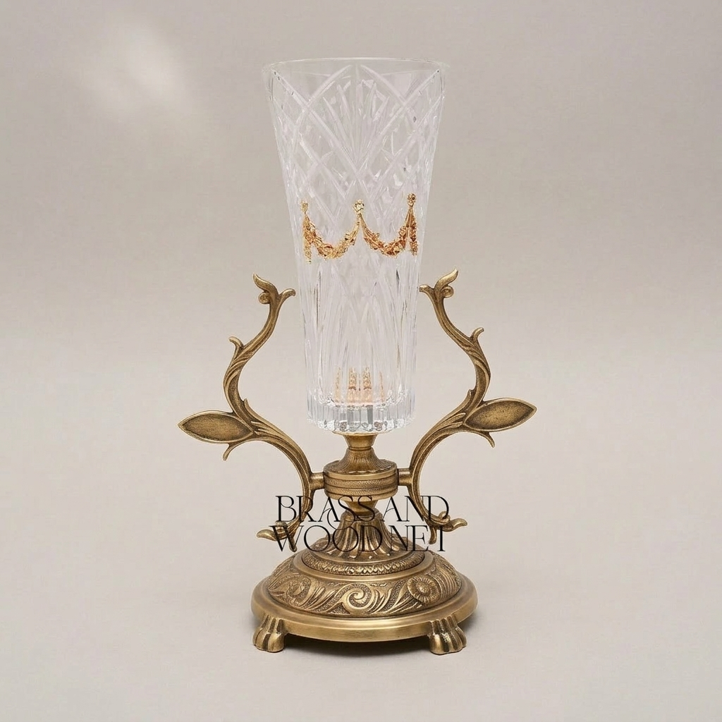 Neoclassical Brass & Crystal Trumpet Vase with Foliate Branch Stand — Antique Gold