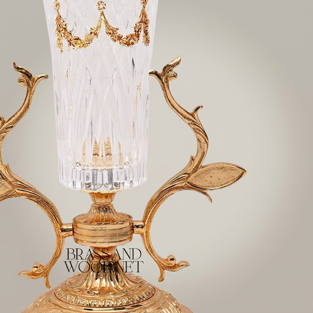 Neoclassical Brass & Crystal Trumpet Vase with Foliate Branch Stand — Gold