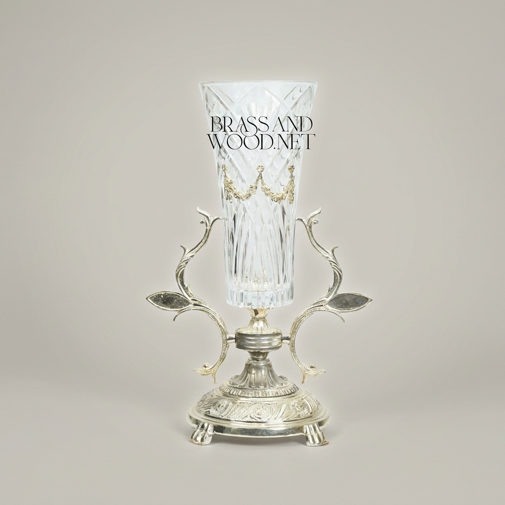 Neoclassical Brass & Crystal Trumpet Vase with Foliate Branch Stand — Silver
