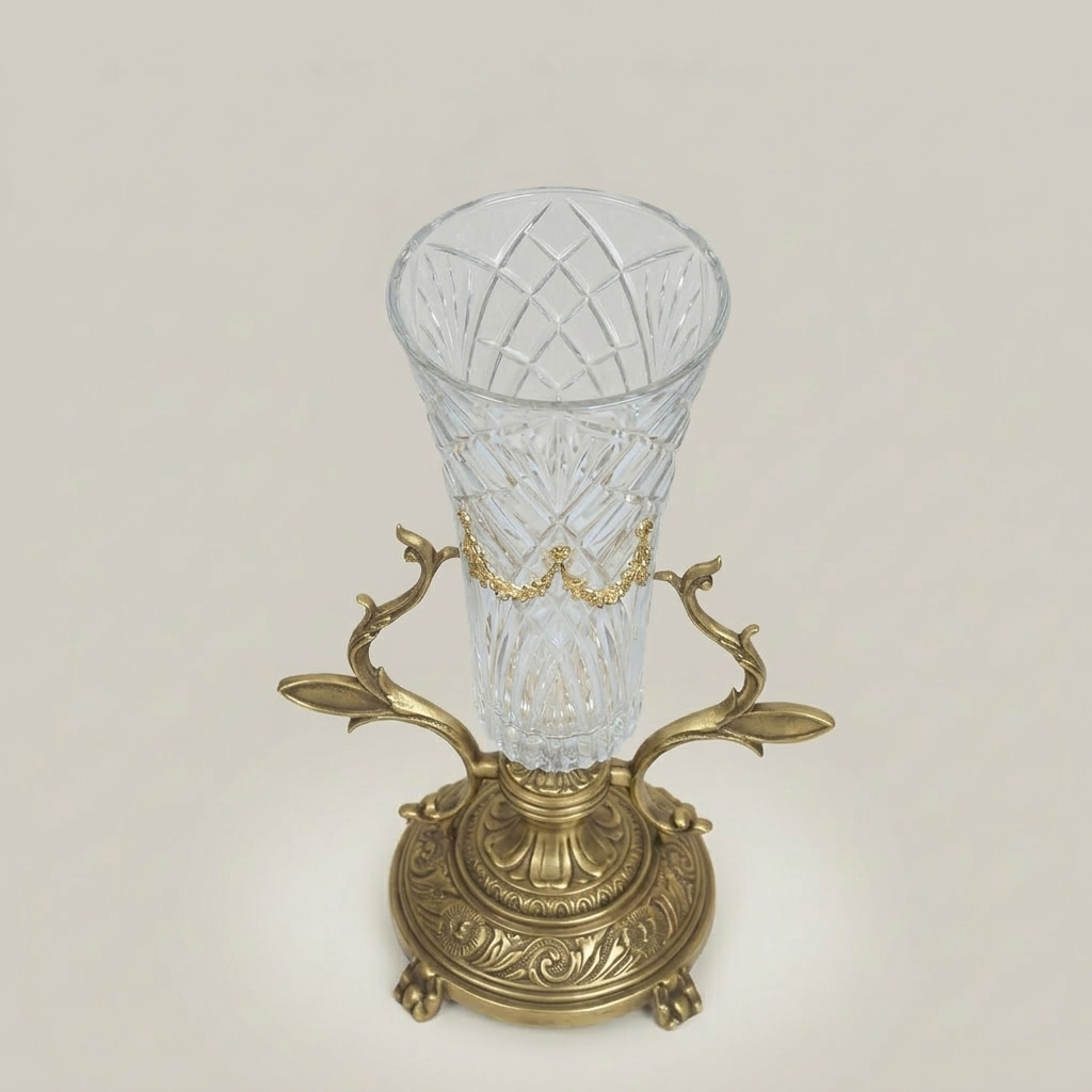 Neoclassical Brass & Crystal Trumpet Vase with Foliate Branch Stand — Antique Gold