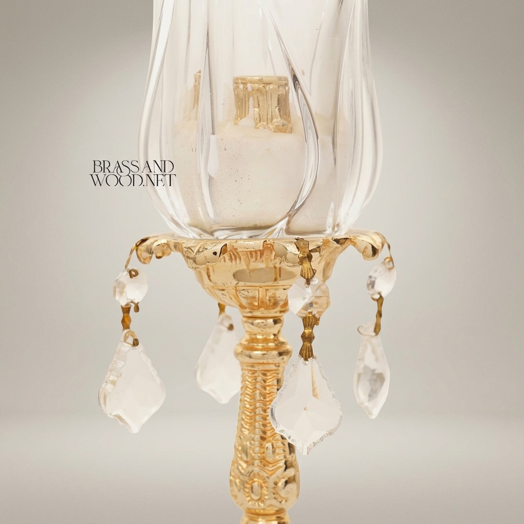 Neoclassical Brass & Crystal Tulip Candle Holder with Crystal Ball Stem and Pendant Drops — Gold
