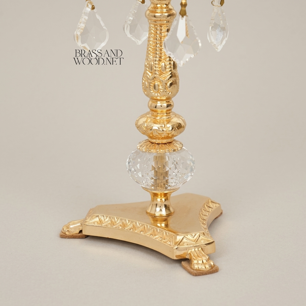 Neoclassical Brass & Crystal Tulip Candle Holder with Crystal Ball Stem and Pendant Drops — Gold