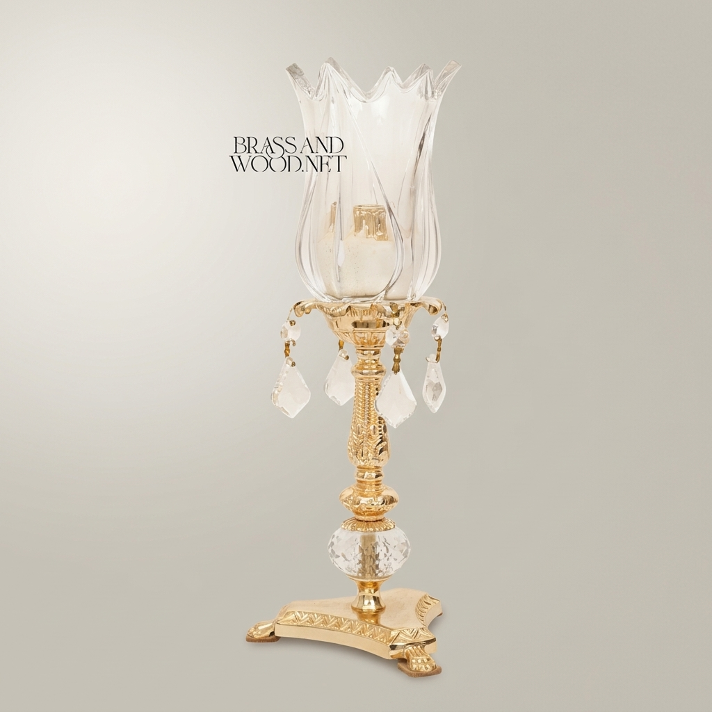 Neoclassical Brass & Crystal Tulip Candle Holder with Crystal Ball Stem and Pendant Drops — Gold